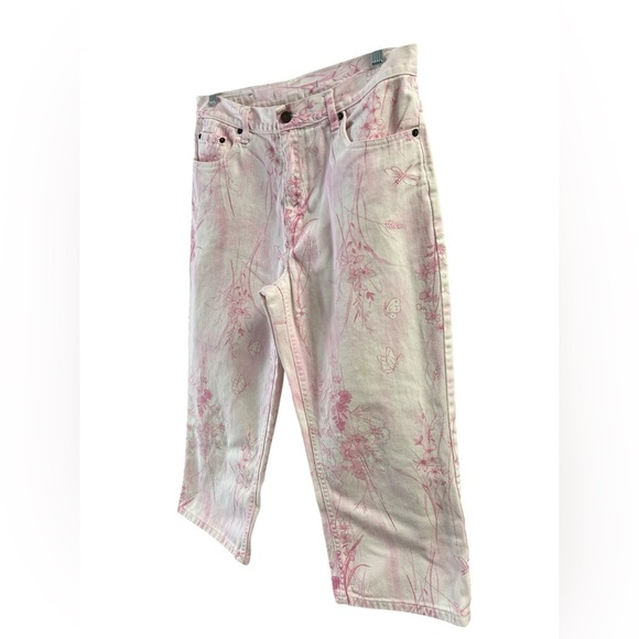 Vintage pink denim floral butterfly cotton crop pants - Picture 2 of 7